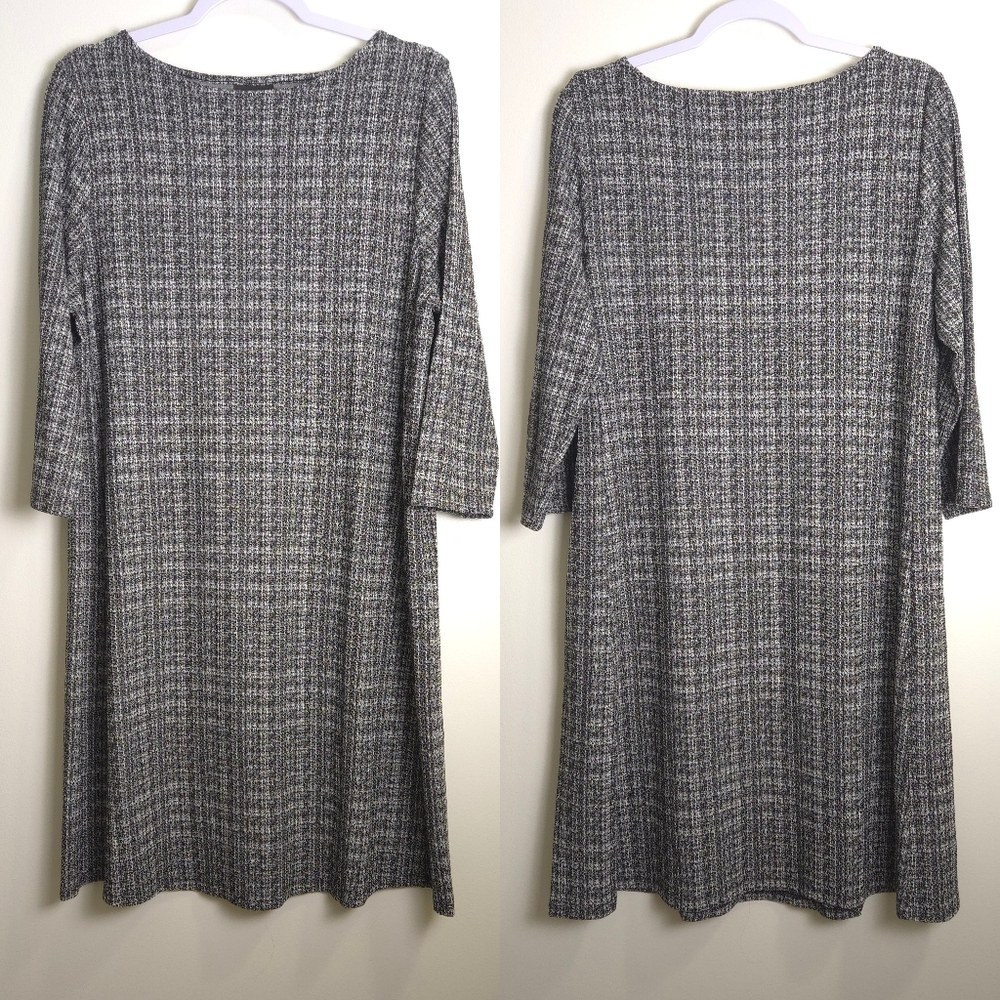 J.Jill Wearever Collection Classic Plaid Minimalist 3/4 Sleeve Grey Dress‎ L